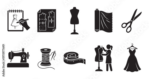 Collection of black and white icons representing various aspects of fashion design and sewing, including sketches, patterns, mannequins, fabric, scissors, machines, thread, tape measures, and dresses.