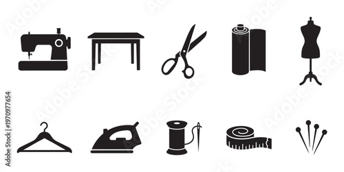 Collection of black silhouette icons representing various sewing tools and supplies, including a sewing machine, scissors, fabric, mannequin, iron, and measuring tape on a white background.