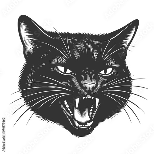 angry black cat face with bared fangs, sharp whiskers, and an intense fierce expression sketch engraving generative ai vector illustration. Scratch board imitation. Black and white image.
