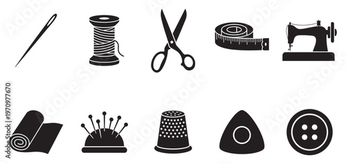 A clean graphic illustration displays essential sewing tools as silhouette icons against a white background, perfect for craft and design projects.
