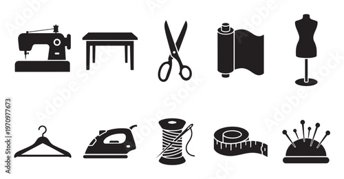 A black and white illustration displays a collection of sewing and fashion icons including a sewing machine, mannequin, scissors, and fabric roll.