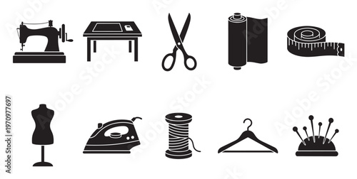 A collection of black silhouette icons representing various sewing and tailoring tools, including a sewing machine, fabric, scissors, and measuring tape.