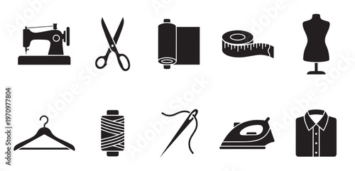 A collection of black silhouette icons representing sewing and tailoring tools, including a sewing machine, scissors, fabric, tape measure, mannequin, hanger, thread, needle, iron, and shirt.