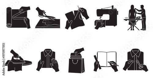 A collection of black and white silhouette icons depicting various sewing and tailoring processes including measuring, cutting, stitching, using a sewing machine, ironing, and writing a pattern.