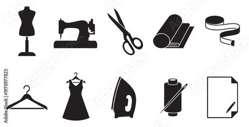 A clean graphic collection featuring silhouette icons of sewing and craft supplies on a white background, perfect for design projects.