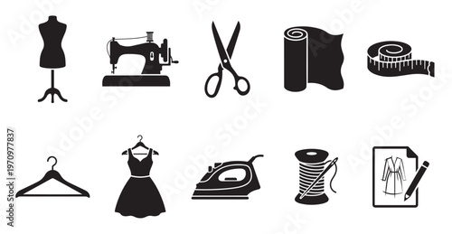 A collection of black silhouette icons related to sewing and tailoring, including a dress form, sewing machine, scissors, fabric, tape measure, hanger, dress, iron, thread, and sketch.