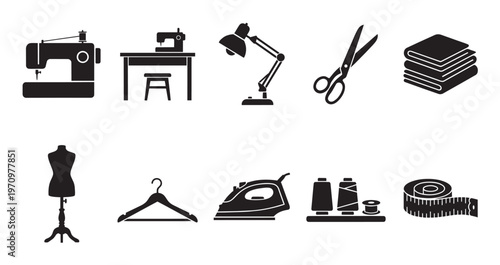Collection of black silhouette icons representing sewing tools and materials including a sewing machine, fabric, scissors, and measuring tape on a white background.