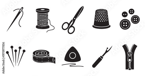 A collection of flat design icons representing various sewing tools including a needle, thread, scissors, thimble, buttons, pins, tape measure, chalk, seam ripper, and zipper.
