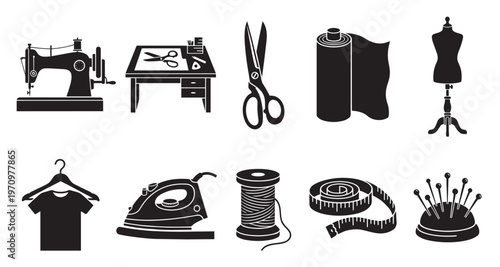 A collection of black silhouette icons representing sewing and crafting tools like a sewing machine, scissors, fabric, and a mannequin, perfect for design projects.