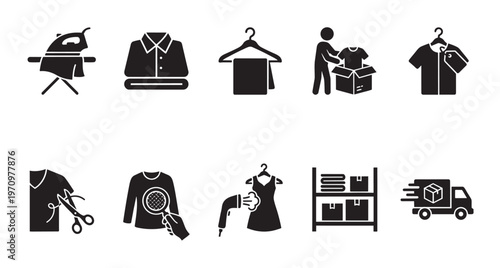 Collection of black silhouette icons representing various fashion and clothing services including ironing, folding, hanging, packing, tagging, cutting, inspection, steaming, storage, and delivery.
