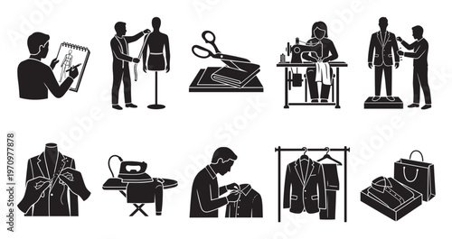 A collection of black and white icons depicting various stages of clothing design and production, from initial sketches and measurements to sewing, ironing, and final presentation.