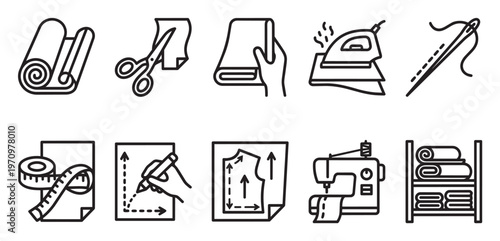 A collection of simple black line icons depicts various sewing and tailoring tools and processes like fabric rolls, scissors, iron, needle, tape measure, pattern making, and sewing machine.