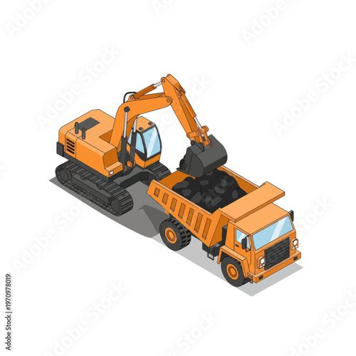 Heavy machinery at work - excavator loading a dump truck with materials.