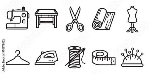 A clean, modern icon set showcasing essential sewing and tailoring tools against a white background, perfect for crafting or fashion websites.