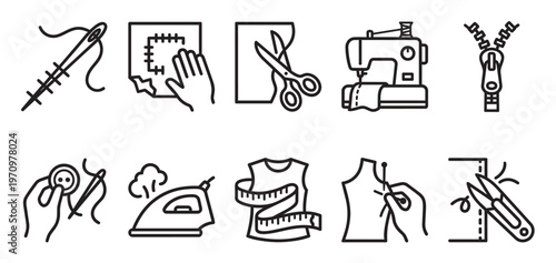 A collection of simple black line icons representing various sewing and tailoring tools, perfect for representing fashion, crafts, and DIY projects.