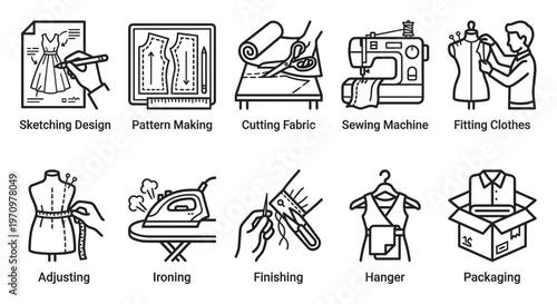 A set of minimalist line art icons depicting the entire fashion design and production process from sketching to packaging, offering a clean visual guide.