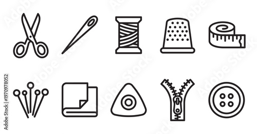 A collection of flat design line art icons depicting essential sewing tools, perfect for digital projects related to fashion, crafting, and DIY.