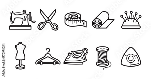 A collection of black line art icons depicting various sewing and tailoring tools, presented on a clean white background.