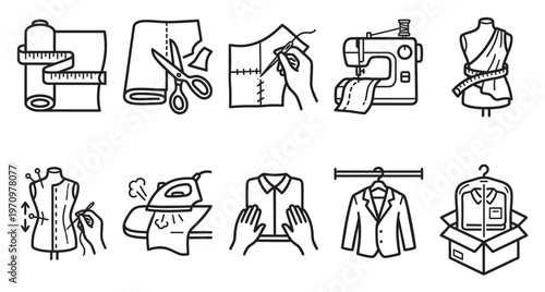 A collection of simple black and white line art icons illustrating various sewing and tailoring processes like measuring, cutting, stitching, and ironing.