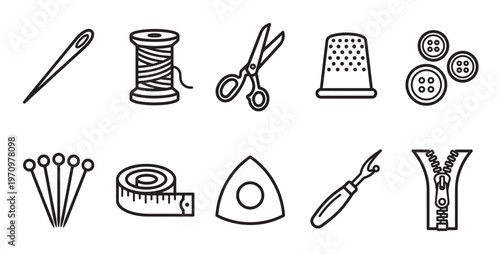 A clean vector illustration featuring a collection of essential sewing tools arranged in two rows on a white background.