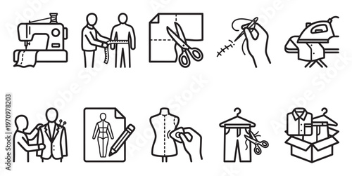 A collection of simple line art icons depicting various aspects of sewing and tailoring, from measuring and cutting to sewing and ironing clothes.