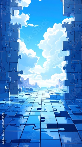 Futuristic Cityscape with Blue Tiled Floor and Open Sky View.