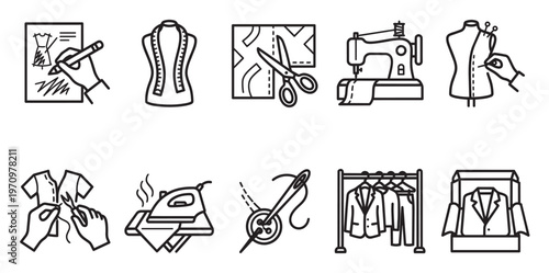A set of clean, modern line art icons illustrating various stages of the fashion design and sewing process, from sketching to finished garments.