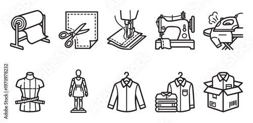 This collection of clean line art icons represents various sewing and tailoring tools and processes, ideal for fashion, craft, and design related projects.