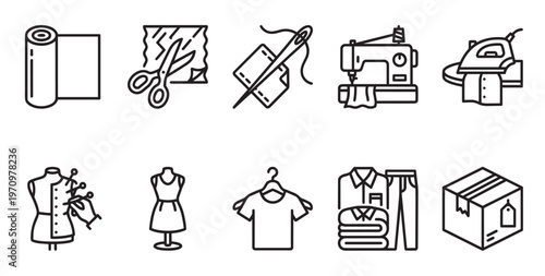 A collection of clean, modern line art icons representing various sewing and crafting tools and activities, perfect for fashion or DIY projects.