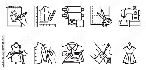 A collection of black line art icons illustrating the steps of fashion design, sewing, and crafting, from sketching to finished garments.