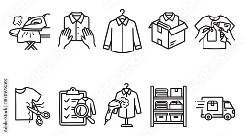 A set of minimalist line art icons illustrating various stages of clothing care, from ironing and tagging to storage and delivery.