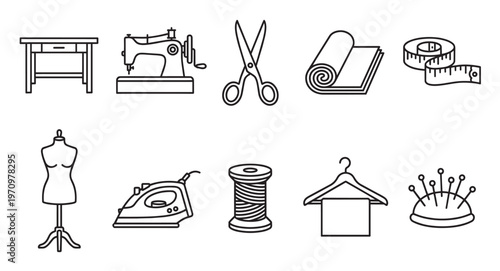 A collection of black line art icons representing sewing and tailoring tools, including a sewing machine, scissors, and fabric.