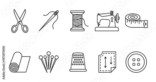 A collection of clean, black and white line art icons representing various sewing tools and supplies, perfect for design projects.