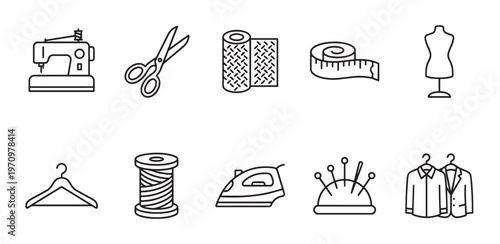 A collection of clean, simple line art icons representing various sewing and tailoring tools, including a sewing machine, scissors, fabric, measuring tape, mannequin, and more.