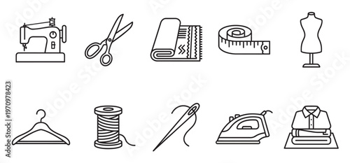 A collection of outline icons represents sewing and tailoring tools including a sewing machine, scissors, fabric, measuring tape, mannequin, hanger, thread, needle, iron, and folded clothes.