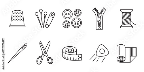 A clean line art icon set featuring essential sewing tools like a thimble, pins, buttons, zipper, thread, needle, scissors, measuring tape, chalk, and fabric on a white background.