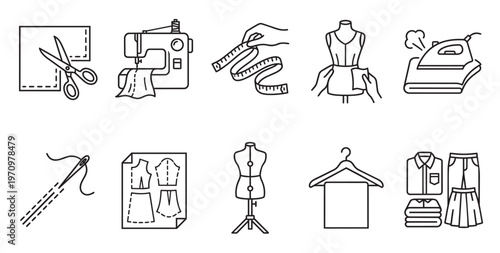 A collection of line art icons representing various aspects of sewing and fashion design, including scissors, a sewing machine, measuring tape, and clothing items.