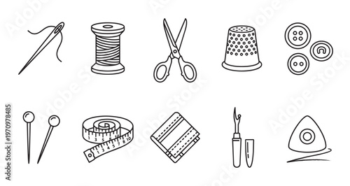 A collection of clean line art icons representing various sewing and tailoring tools, perfect for design projects related to crafts and fashion.
