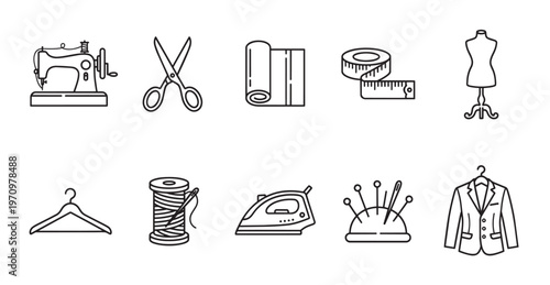 A collection of black line art icons representing various sewing and tailoring tools on a white background, perfect for creative projects.