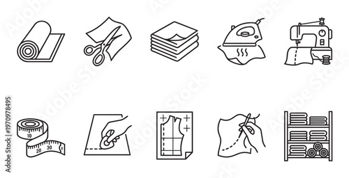 A collection of black and white line art icons representing various sewing tools and supplies, perfect for fashion design, crafting, or DIY projects.
