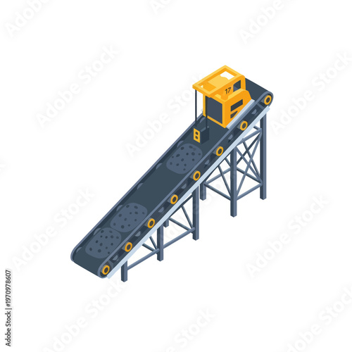 Industrial Conveyor Belt System with Yellow Machine on Top.