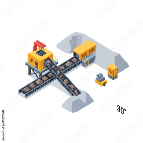 Industrial mining conveyor belt system with yellow machinery and raw materials.