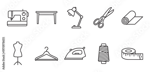 A collection of black outline icons representing sewing and tailoring tools and equipment, ideal for design and crafting projects.
