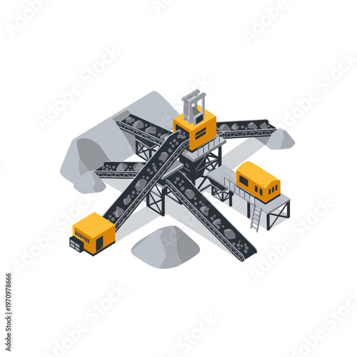 Industrial mining conveyor belt system with yellow machinery.