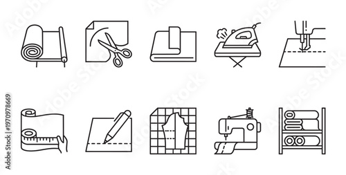 A clean, minimalist vector illustration features a collection of line art icons related to sewing and fabric crafting, including fabric rolls, scissors, iron, sewing machine, and pattern.