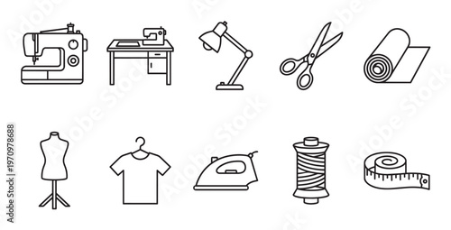 A clean, minimalist line art illustration featuring a collection of essential sewing and tailoring tools arranged in two rows against a white background.
