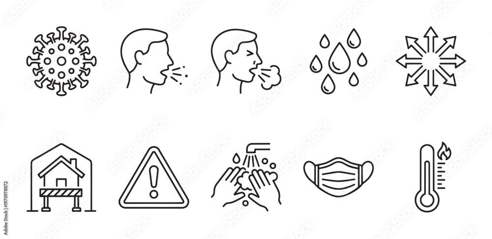 Fototapeta premium A clean, minimalist collection of line art icons depicting coronavirus, sneezing, germ spread, hand washing, medical mask, and fever thermometer.