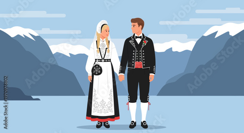 Couple in Traditional Norwegian Folk Costumes Holding Hands with Snowy Mountains Background