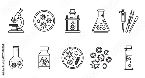 A clean vector illustration of science and virus-related laboratory equipment including a microscope, petri dishes, flasks, test tubes, and biohazard symbol.