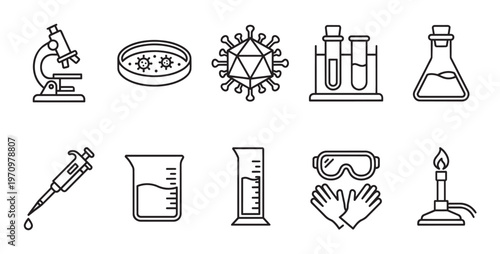 A collection of simple black and white outline icons representing various scientific laboratory equipment and a virus, useful for research and medical themes.
